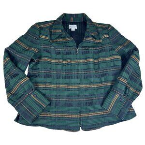 Christopher & Banks Striped Coat Jacket Women's XL Green Stretch Zip Up Collared